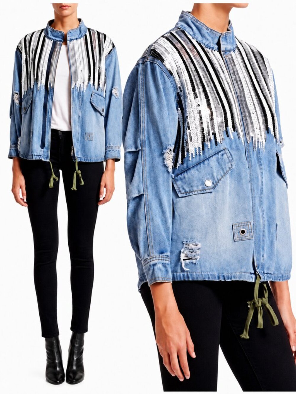 💥VTG 70s HIPPIE STYLE💥 Distressed Sequinned Denim Anorak Jacket